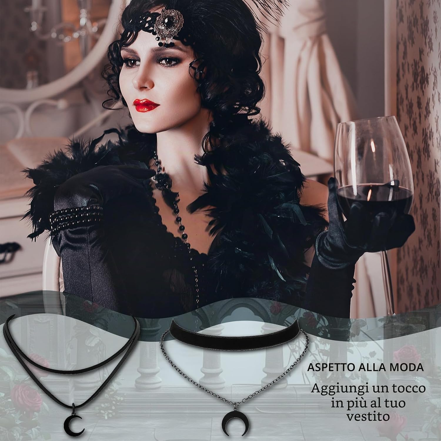 2 collane nere doppie a forma di luna per donna, collana goth, collana nera, collana boho, accessori Y2K, gioielli vintage, halloween grunge, design medievale, look Witchy
