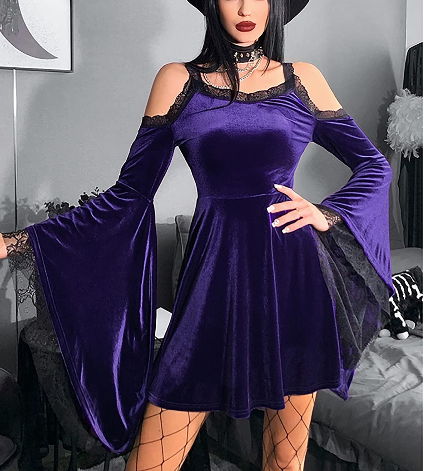 TSMNZMU Lolita - Abito da Donna in Velluto Gotico Senza Maniche, in Pizzo Harajuku