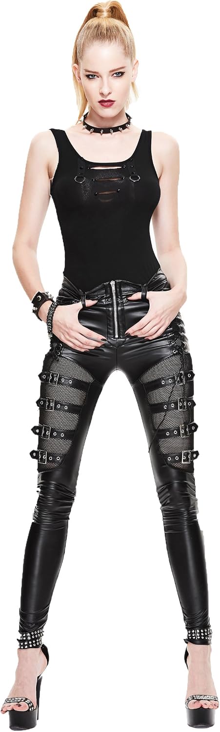 Devil Fashion Steampunk - Pantaloni da donna in pelle di poliuretano (PU), a vita alta, slim fit, stile gotico, in rete Mesh, con cinghie nere