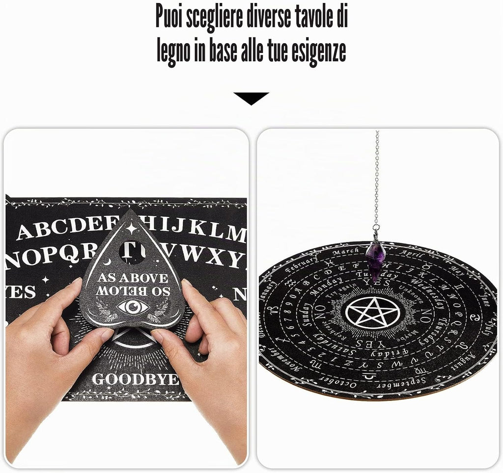 Threan Tavola divinatoria con pendolo con set di ametista, tavola parlante in legno con messaggio metafisico, collana con pendolo di cristallo con planchette per commerci Wiccan (motivo stella)