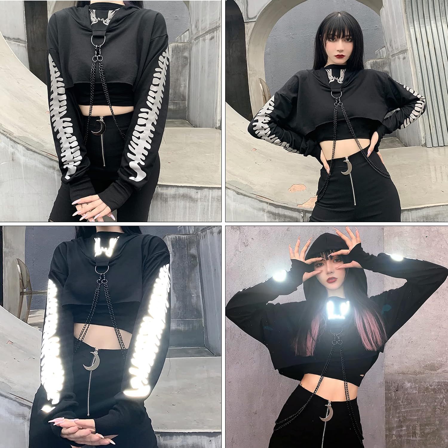 Maglietta a maniche lunghe con bretelle, da donna, stile gotico, punk, cool, con motivo drago, girocollo, nero, per autunno