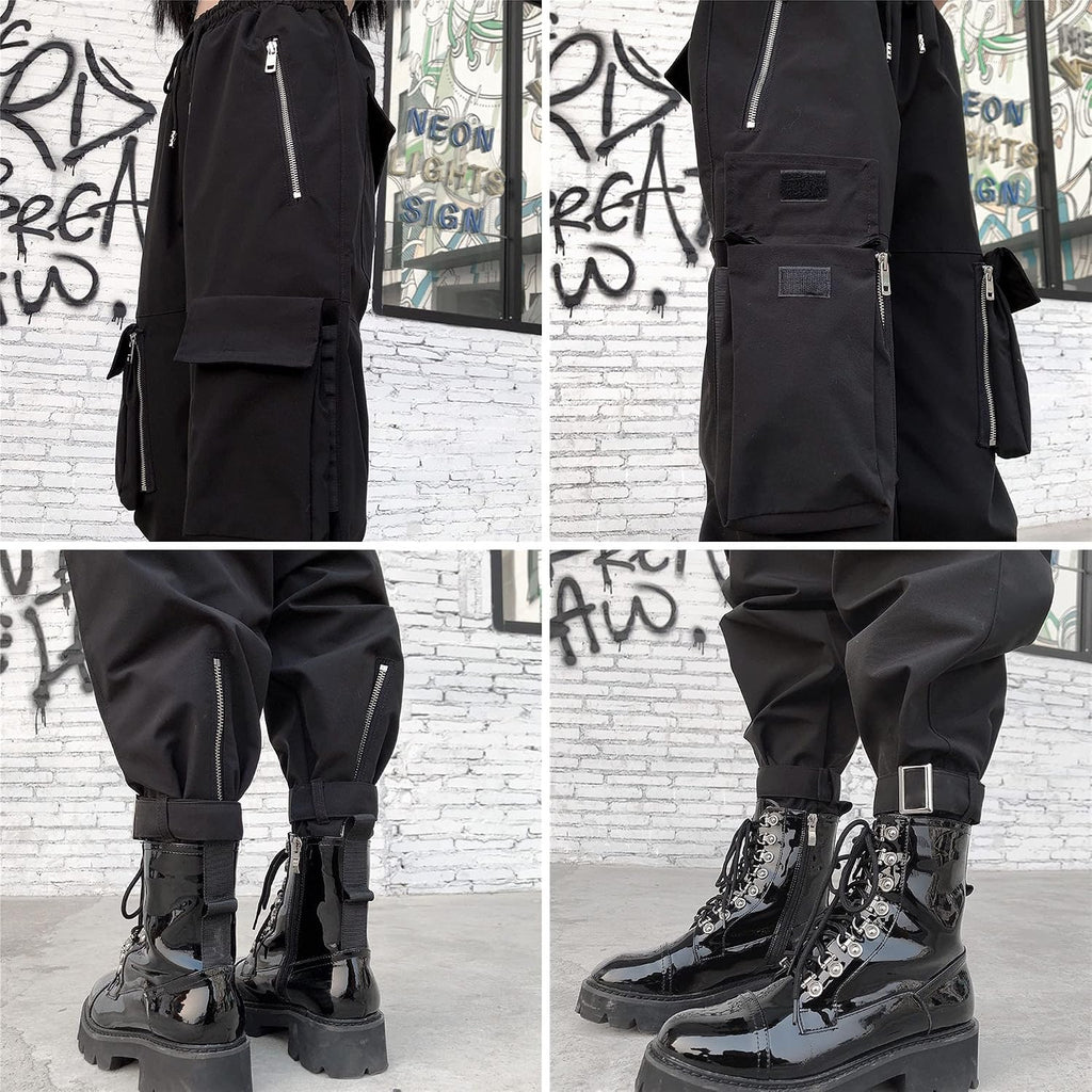 Pantaloni Cargo Neri da Donna Allentati Pantaloni incatenati Multi-Tasca Multi-Zip Punk Goth Pantaloni