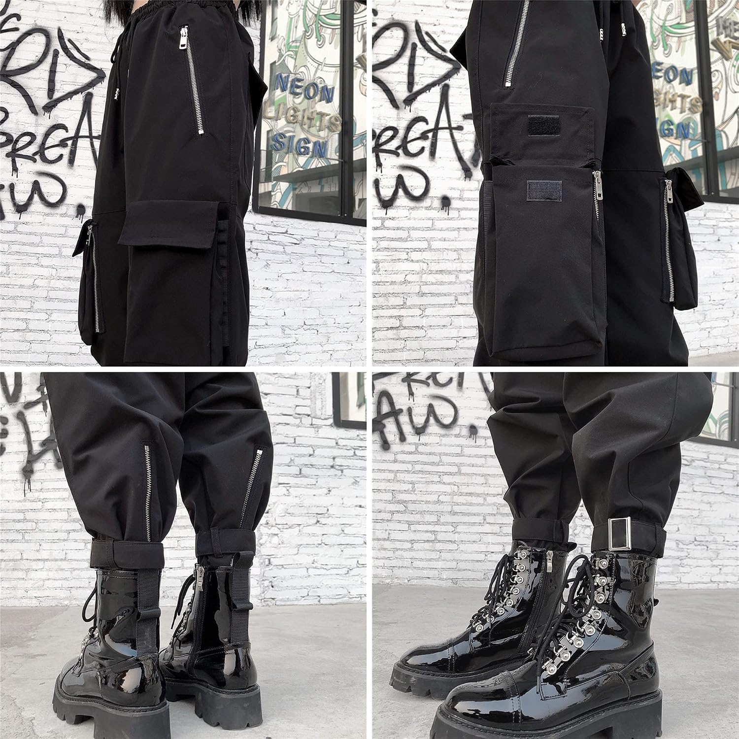 Pantaloni Cargo Neri da Donna Allentati Pantaloni incatenati Multi-Tasca Multi-Zip Punk Goth Pantaloni