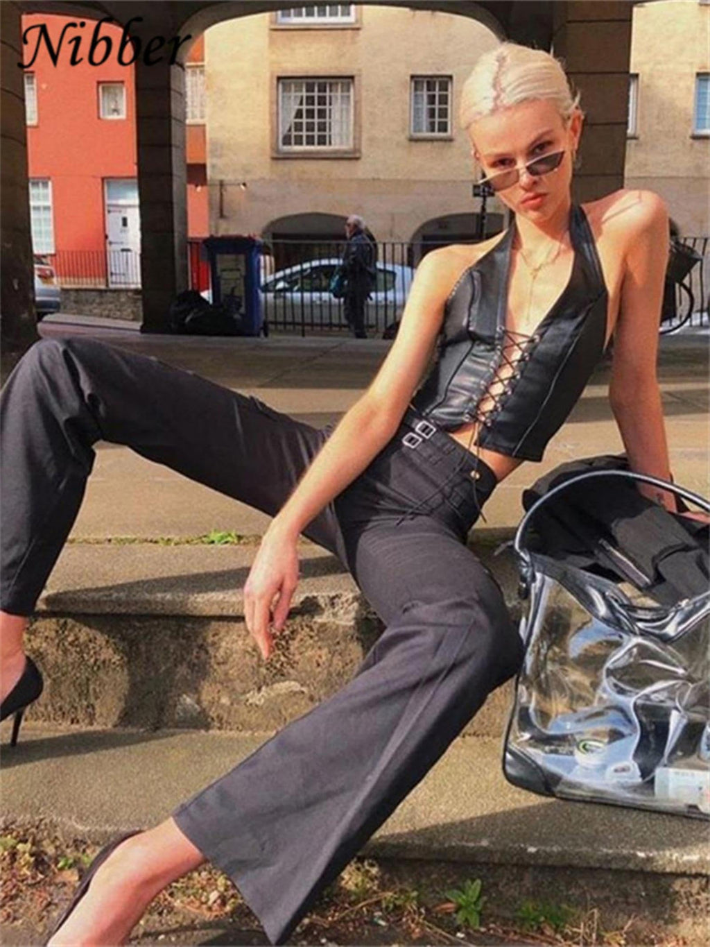 WEITING Sexy Punk Y2K Nero PU Crop Top in Pelle Canotta Senza Schienale da Donna 2023 Summer Vest Fashion Club Wear Canotte