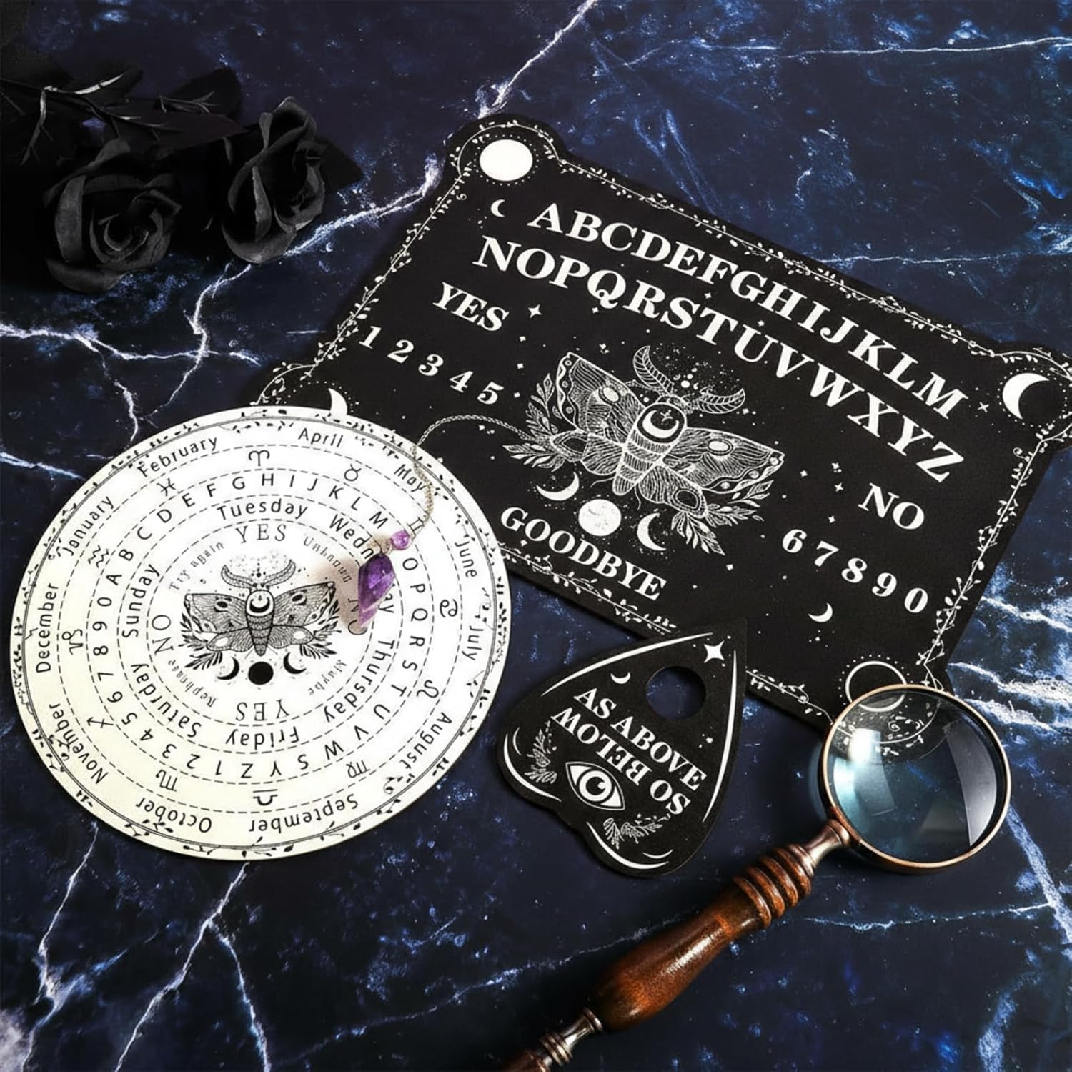 Threan Tavola divinatoria con pendolo con set di ametista, tavola parlante in legno con messaggio metafisico, collana con pendolo di cristallo con planchette per commerci Wiccan (motivo stella)