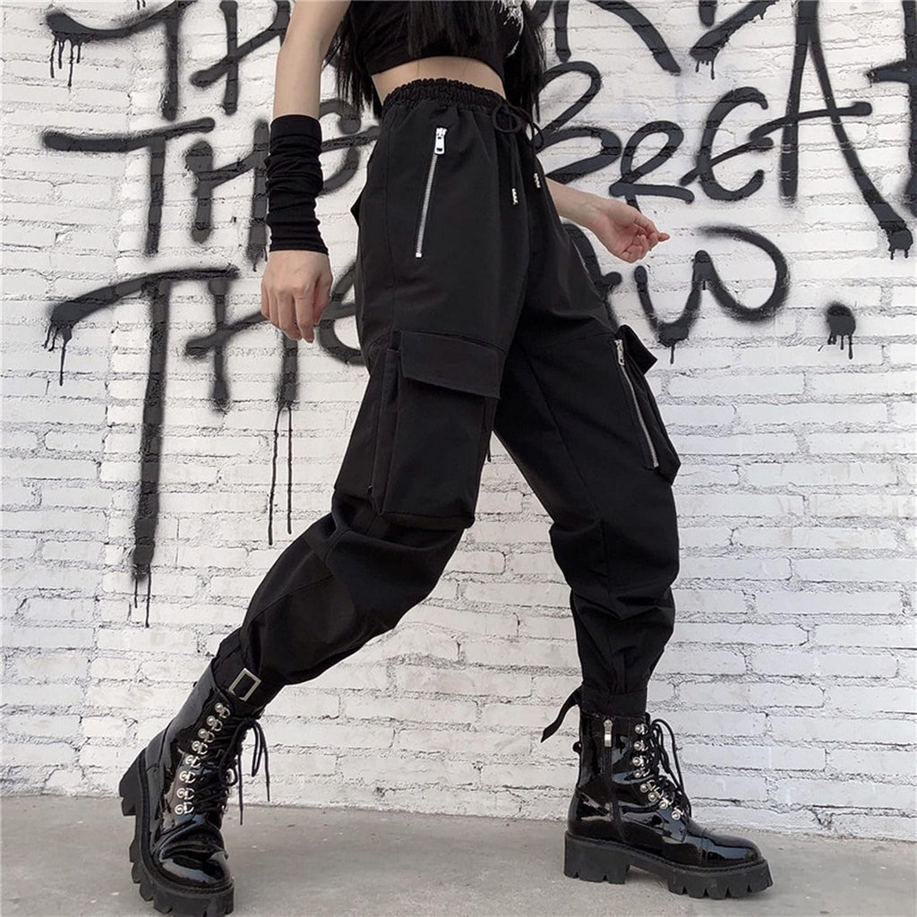 Pantaloni Cargo Neri da Donna Allentati Pantaloni incatenati Multi-Tasca Multi-Zip Punk Goth Pantaloni