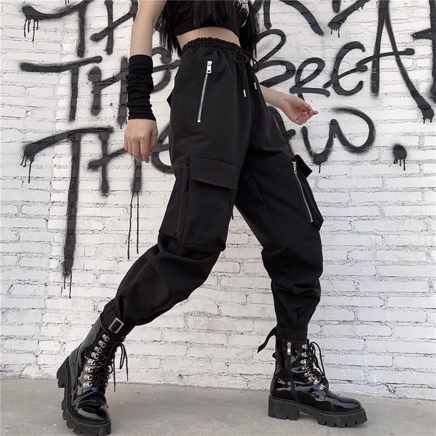 Pantaloni Cargo Neri da Donna Allentati Pantaloni incatenati Multi-Tasca Multi-Zip Punk Goth Pantaloni