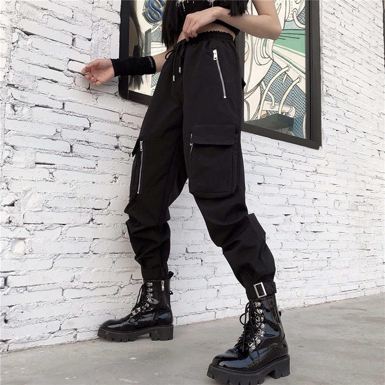 Pantaloni Cargo Neri da Donna Allentati Pantaloni incatenati Multi-Tasca Multi-Zip Punk Goth Pantaloni