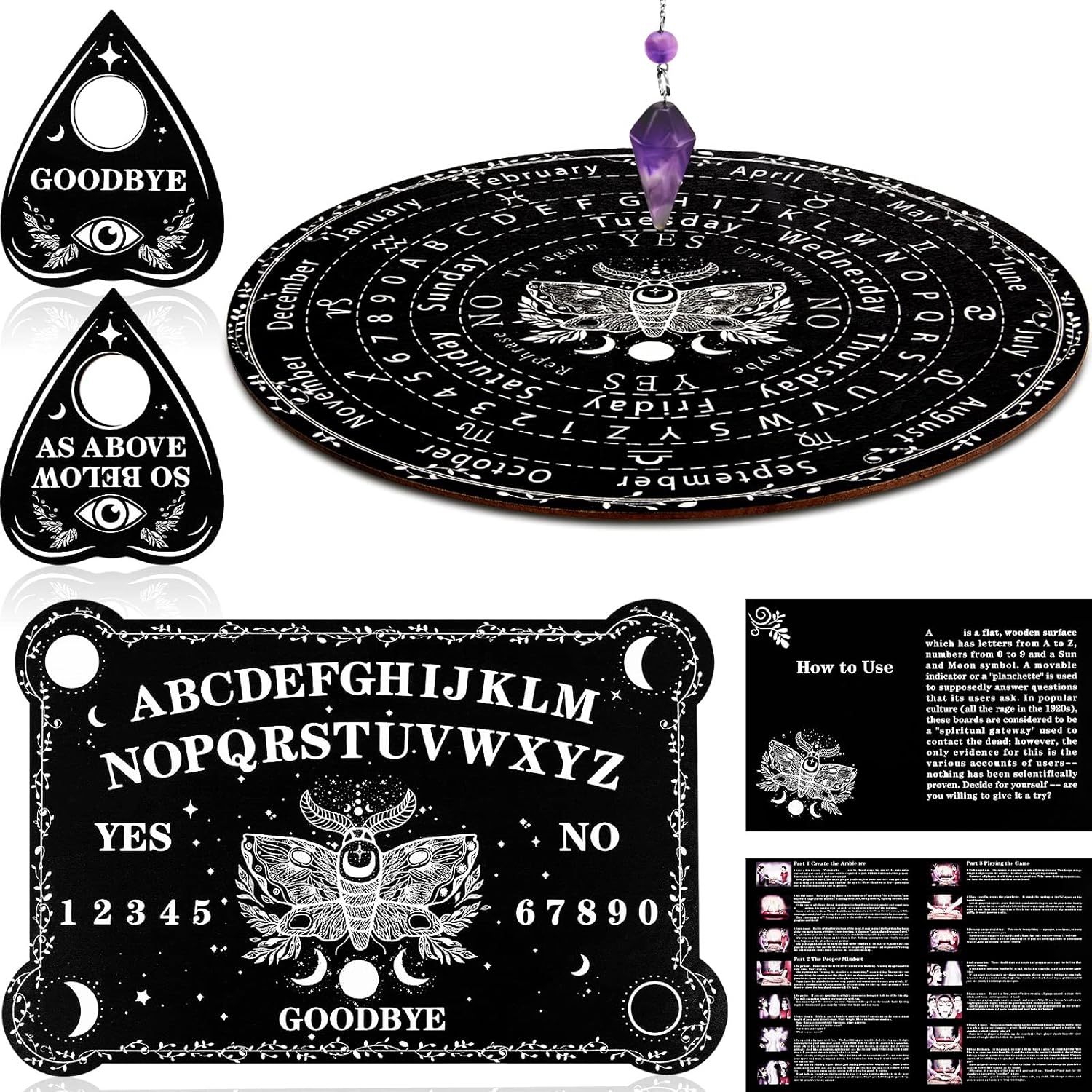 Threan Tavola divinatoria con pendolo con set di ametista, tavola parlante in legno con messaggio metafisico, collana con pendolo di cristallo con planchette per commerci Wiccan (motivo stella)