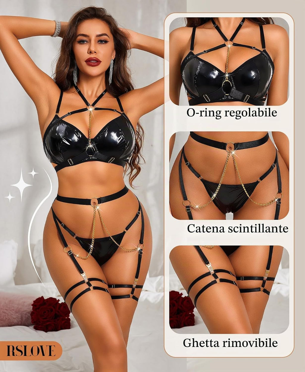 RSLOVE Completo Intimo Donna Sexy Set di Lingerie Reggiseno e Slip con Giarrettiera 6 Pezzi