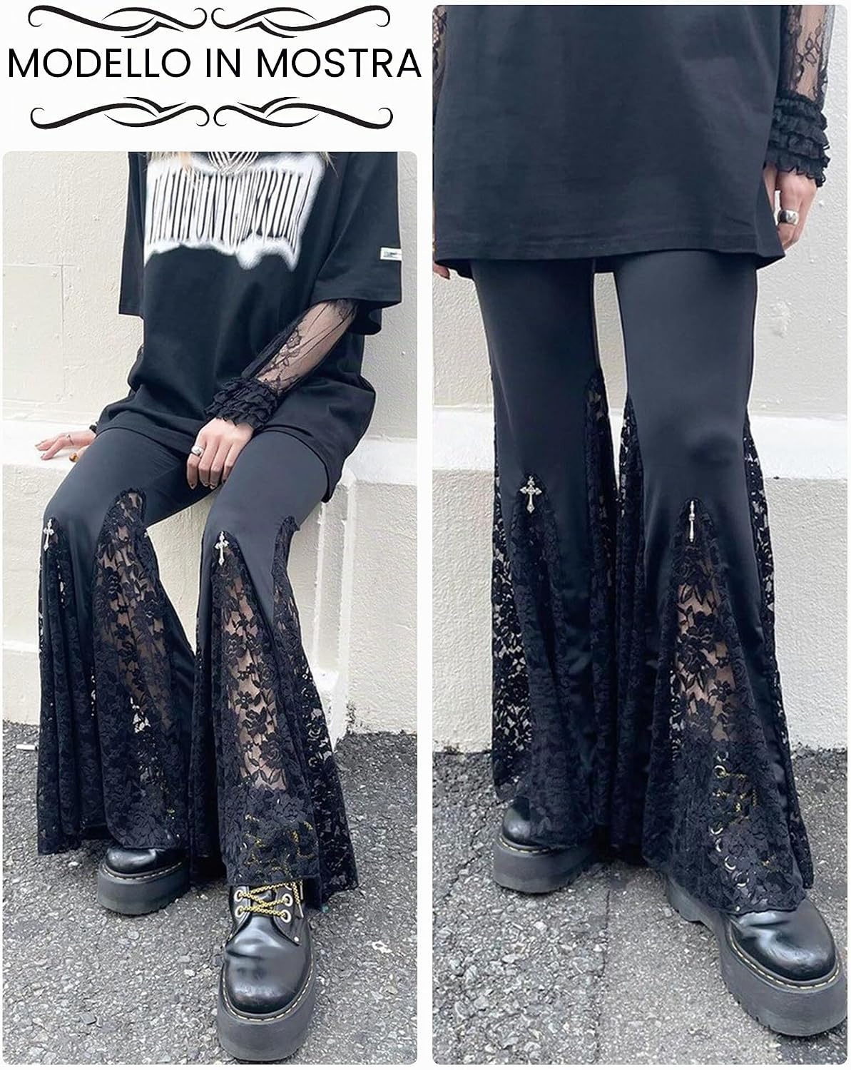 SEAUR Pantaloni gotici punk da donna, neri, vintage, svasati, in pizzo, patchwork, Y2K, pantaloni skinny, per feste e club, taglie XS, S, M, L