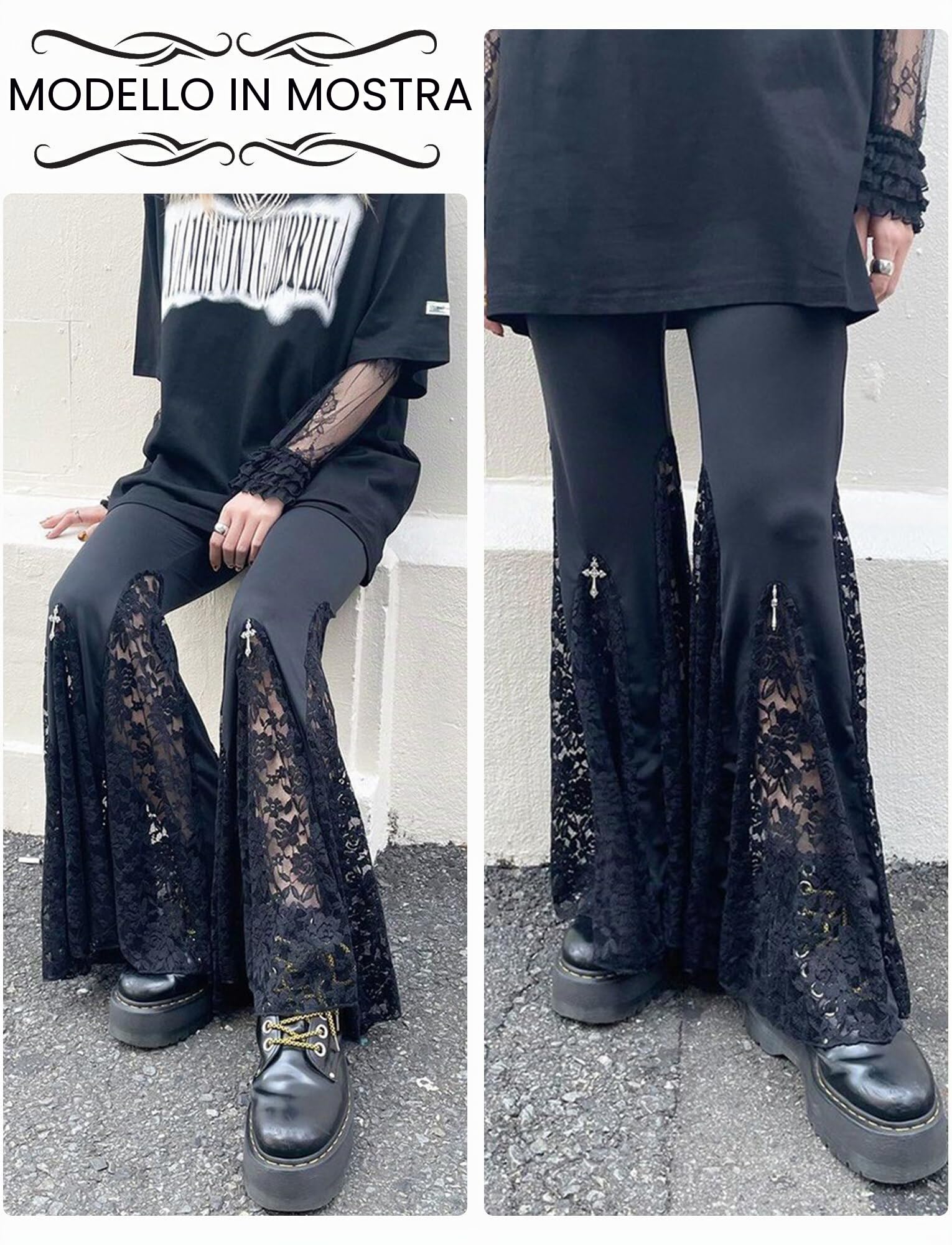 SEAUR Pantaloni gotici punk da donna, neri, vintage, svasati, in pizzo, patchwork, Y2K, pantaloni skinny, per feste e club, taglie XS, S, M, L