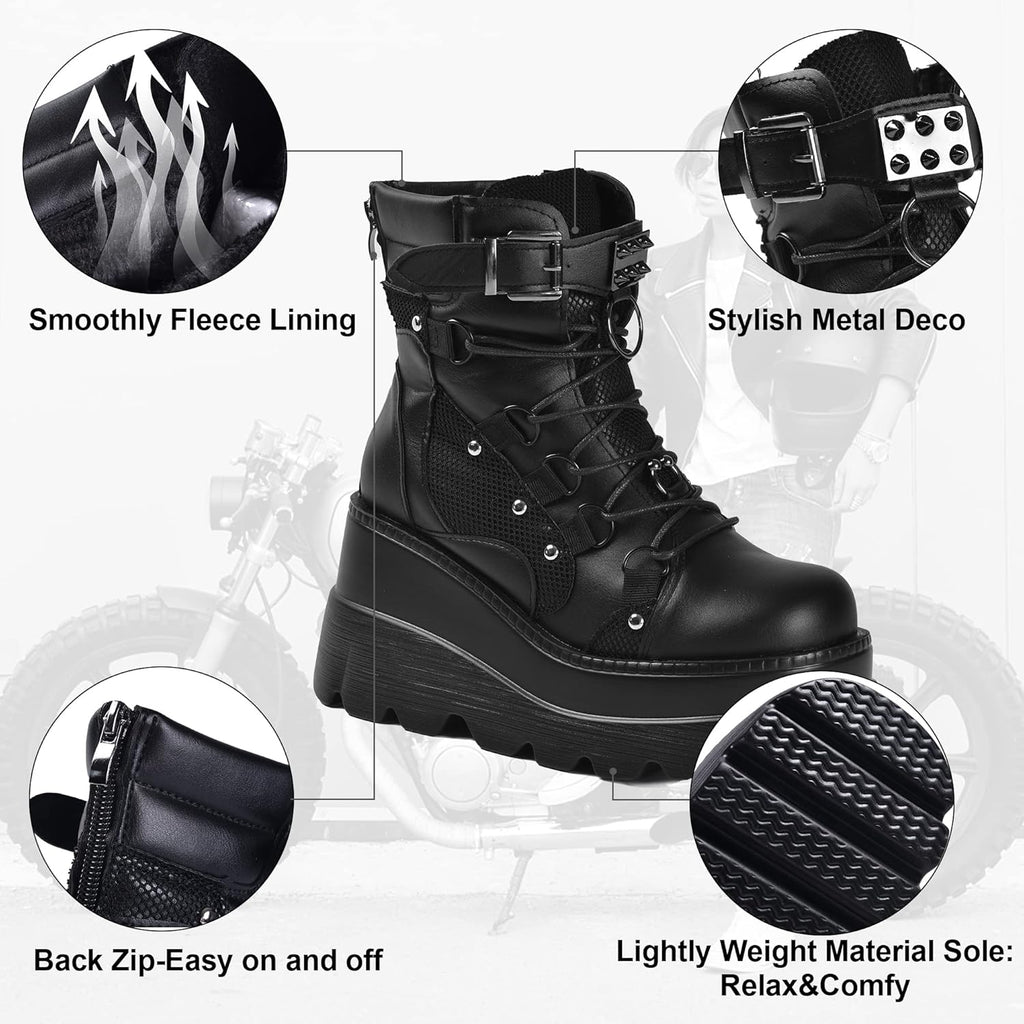 Gothniero Goth Platform Boots Black Gothic Chunky Heel Boots for Women Combat Ankle Wedge Booties with Side Zip Lace Up Size 3UK-8UK