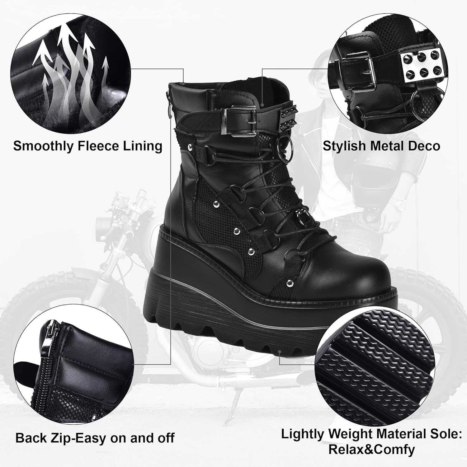 Gothniero Goth Platform Boots Black Gothic Chunky Heel Boots for Women Combat Ankle Wedge Booties with Side Zip Lace Up Size 3UK-8UK