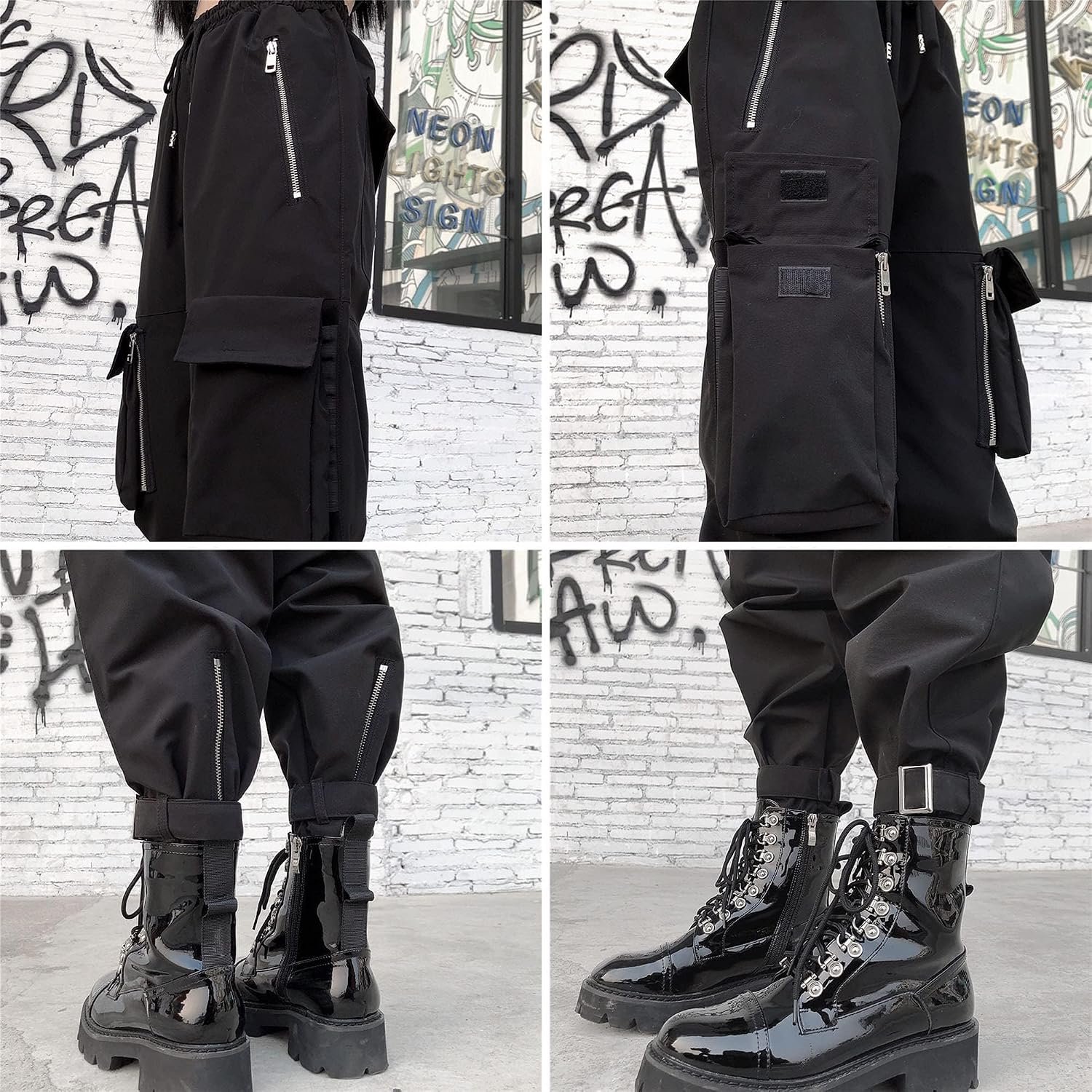 Pantaloni Cargo Neri da Donna Allentati Pantaloni incatenati Multi-Tasca Multi-Zip Punk Goth Pantaloni