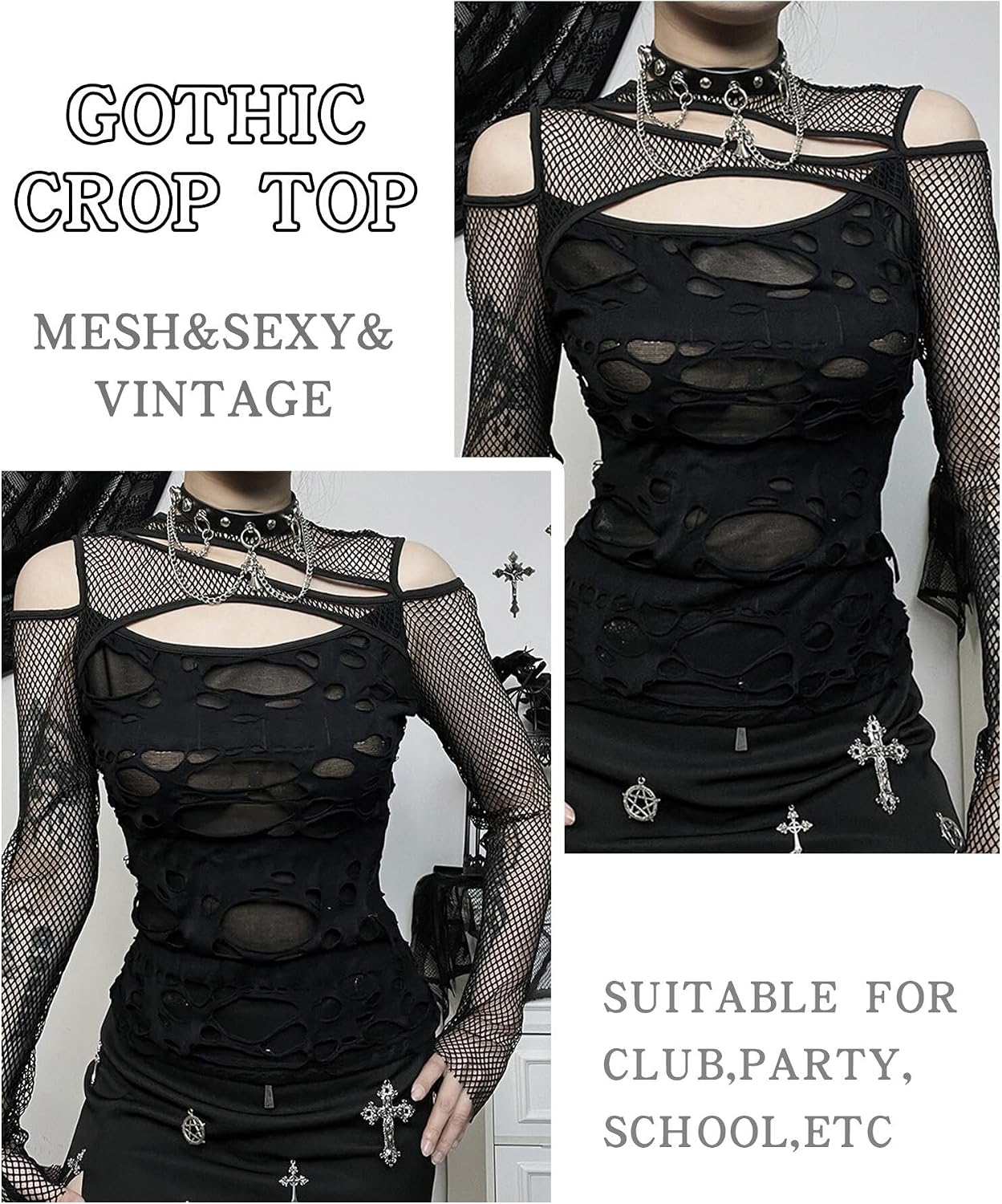 Maeau - Canotta da donna gotica punk nera crop top manica corta casual t-shirt estate canotta S M L per party club