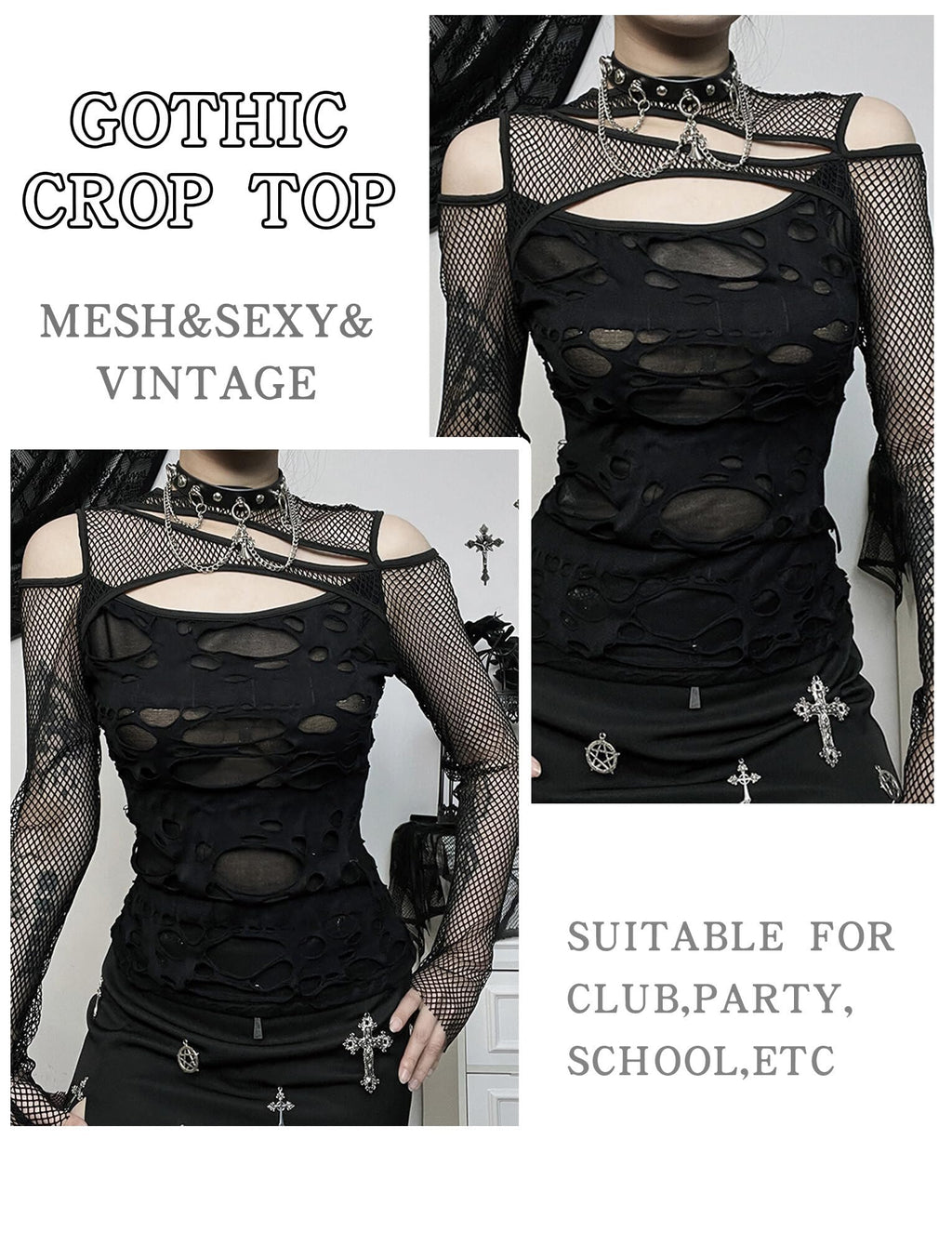 Maeau - Canotta da donna gotica punk nera crop top manica corta casual t-shirt estate canotta S M L per party club