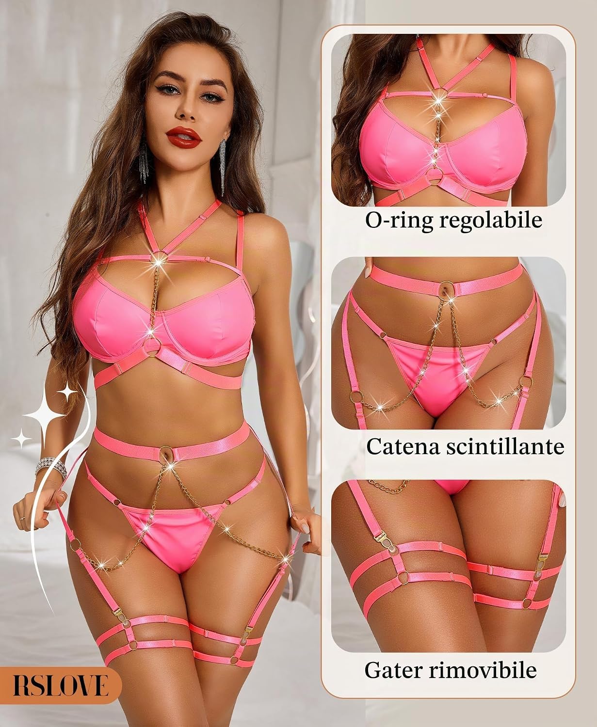 RSLOVE Completo Intimo Donna Sexy Set di Lingerie Reggiseno e Slip con Giarrettiera 6 Pezzi