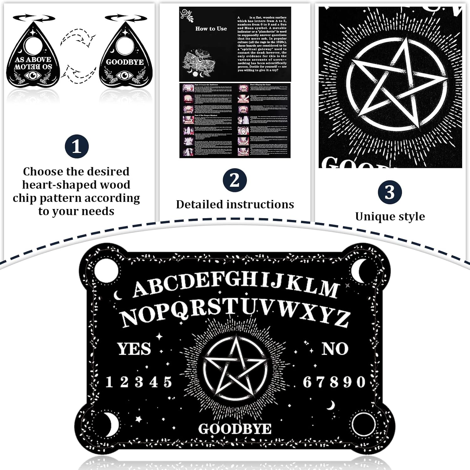 Threan Tavola divinatoria con pendolo con set di ametista, tavola parlante in legno con messaggio metafisico, collana con pendolo di cristallo con planchette per commerci Wiccan (motivo stella)