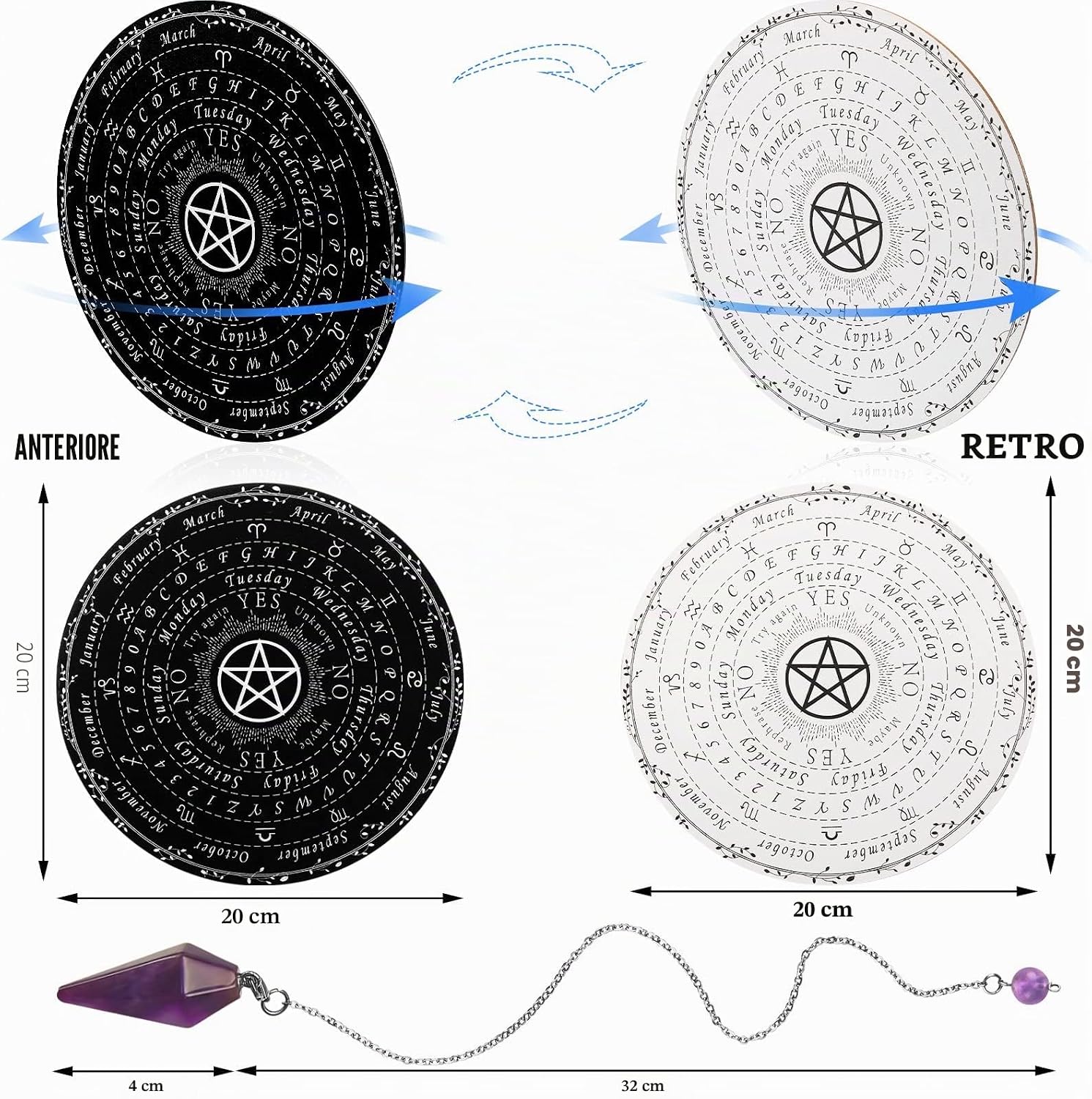 Threan Tavola divinatoria con pendolo con set di ametista, tavola parlante in legno con messaggio metafisico, collana con pendolo di cristallo con planchette per commerci Wiccan (motivo stella)