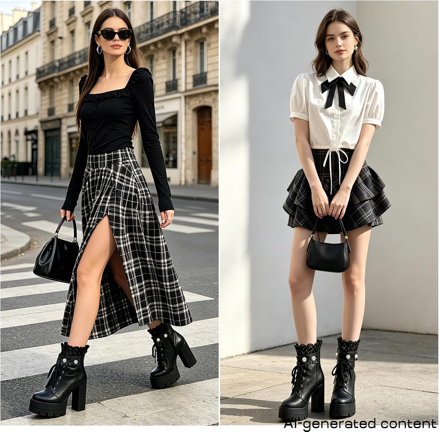 FOREADA Stivaletti neri con tacco alto da donna, con plateau, con lacci, stile gotico, con tacco grosso, con cerniera