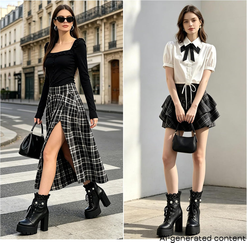 FOREADA Stivaletti neri con tacco alto da donna, con plateau, con lacci, stile gotico, con tacco grosso, con cerniera
