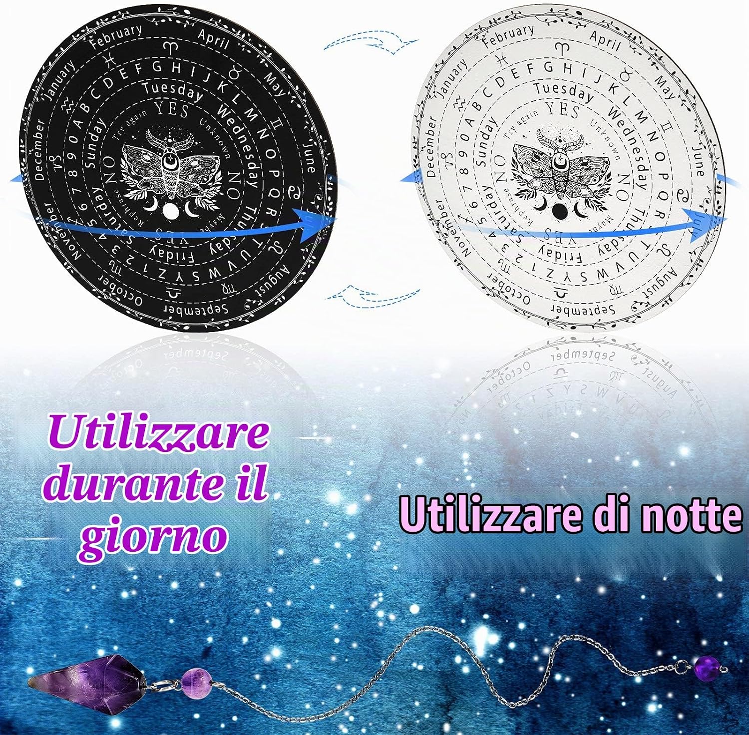Threan Tavola divinatoria con pendolo con set di ametista, tavola parlante in legno con messaggio metafisico, collana con pendolo di cristallo con planchette per commerci Wiccan (motivo stella)