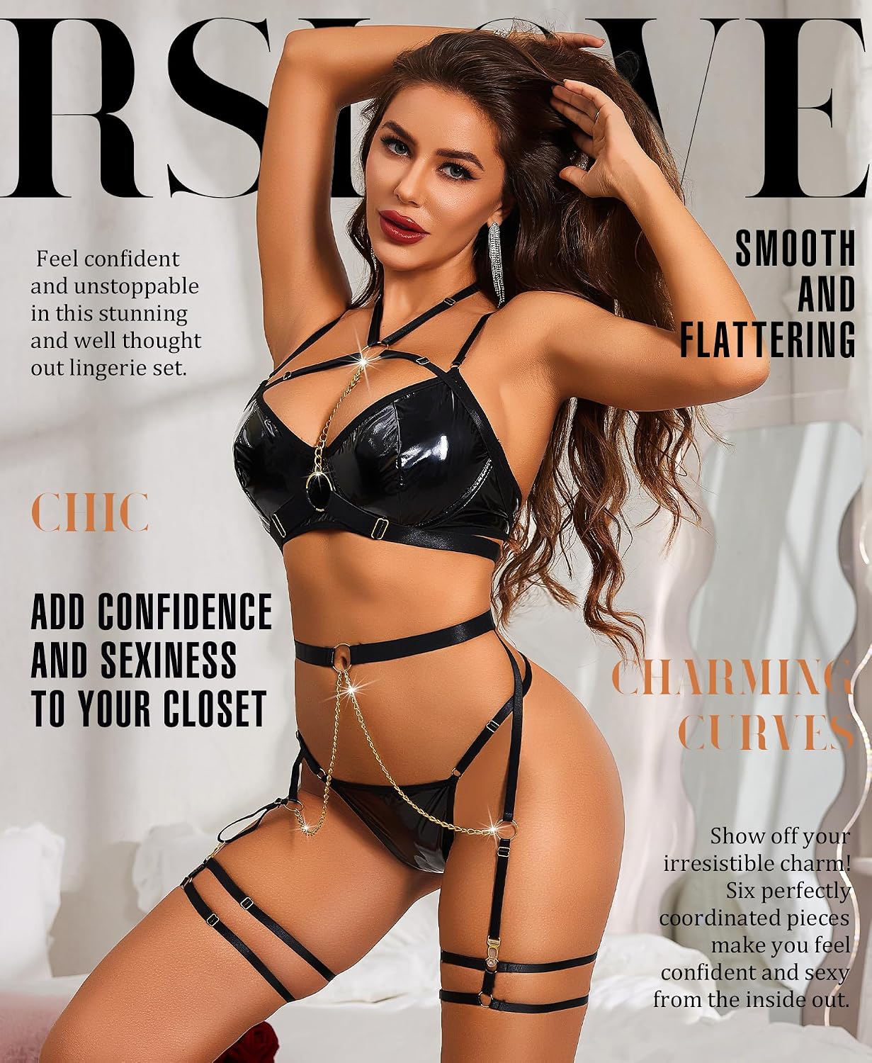 RSLOVE Completo Intimo Donna Sexy Set di Lingerie Reggiseno e Slip con Giarrettiera 6 Pezzi