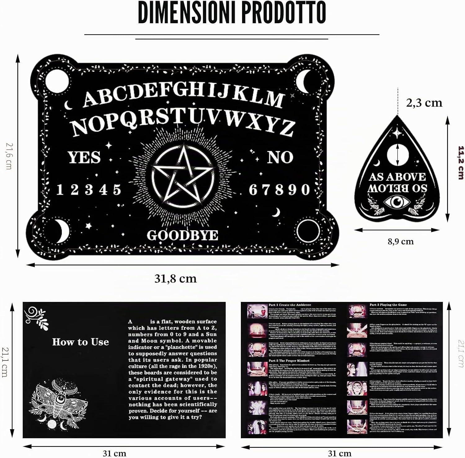 Threan Tavola divinatoria con pendolo con set di ametista, tavola parlante in legno con messaggio metafisico, collana con pendolo di cristallo con planchette per commerci Wiccan (motivo stella)
