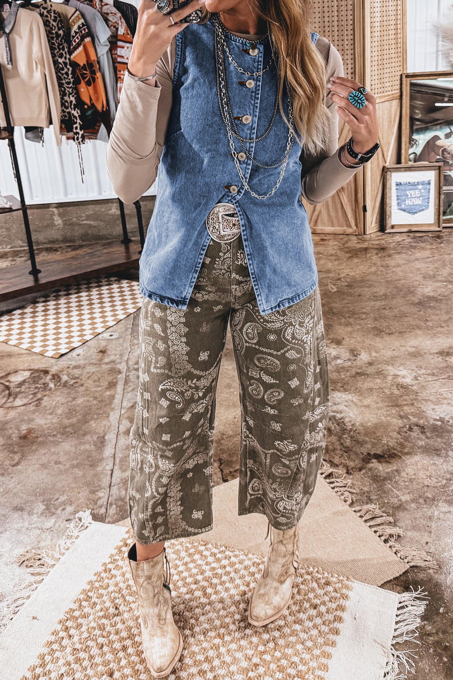 Black Buttoned Front Slit Denim Vest