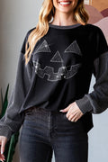 Black Halloween Rhinestone Pumpkin Contrast Ribbed Patchwork Top