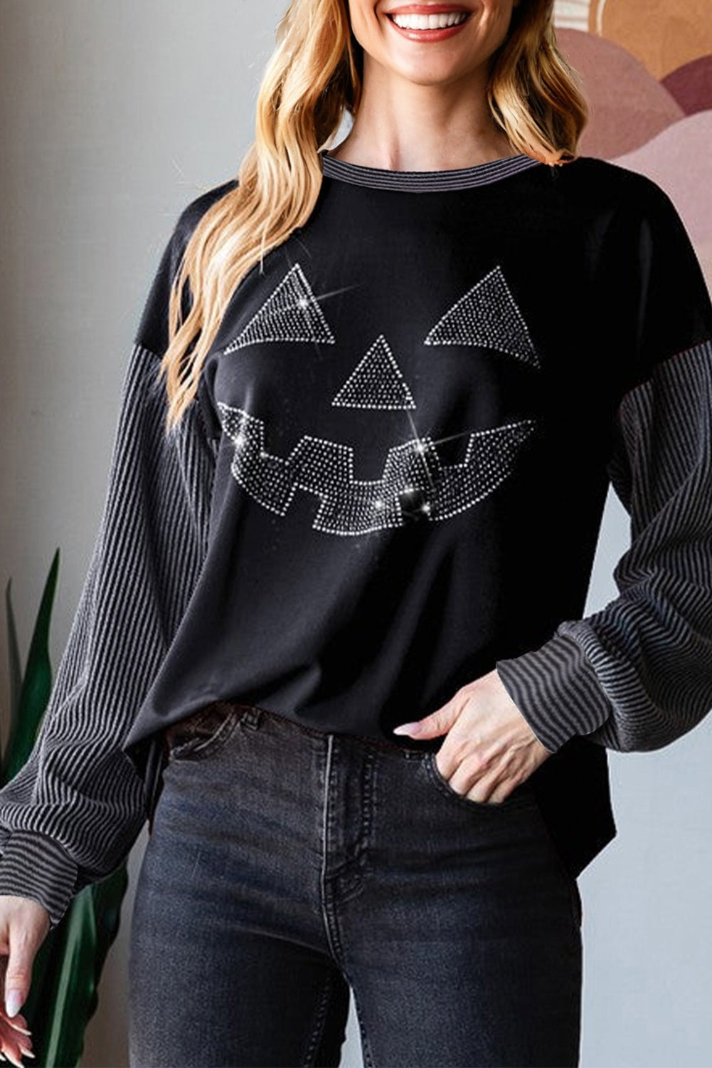 Black Halloween Rhinestone Pumpkin Contrast Ribbed Patchwork Top