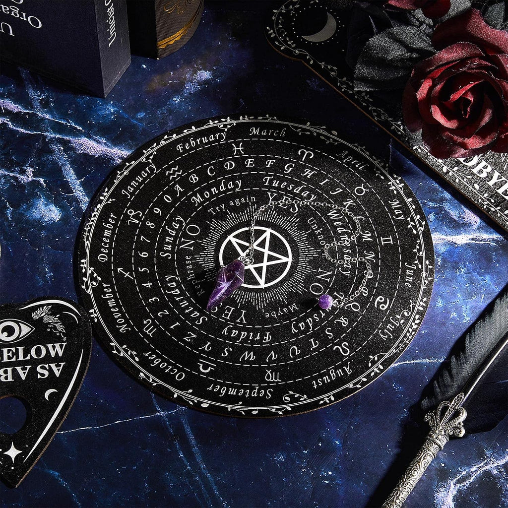 Threan Tavola divinatoria con pendolo con set di ametista, tavola parlante in legno con messaggio metafisico, collana con pendolo di cristallo con planchette per commerci Wiccan (motivo stella)