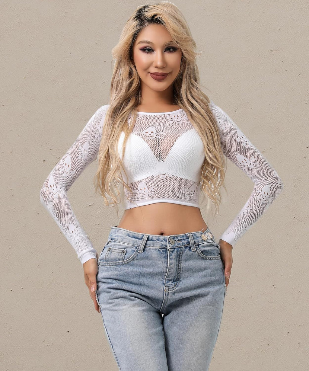 Buitifo Donne Sexy Crop Top Mesh Nightwear Skull Festival Costume Lingerie Camicie