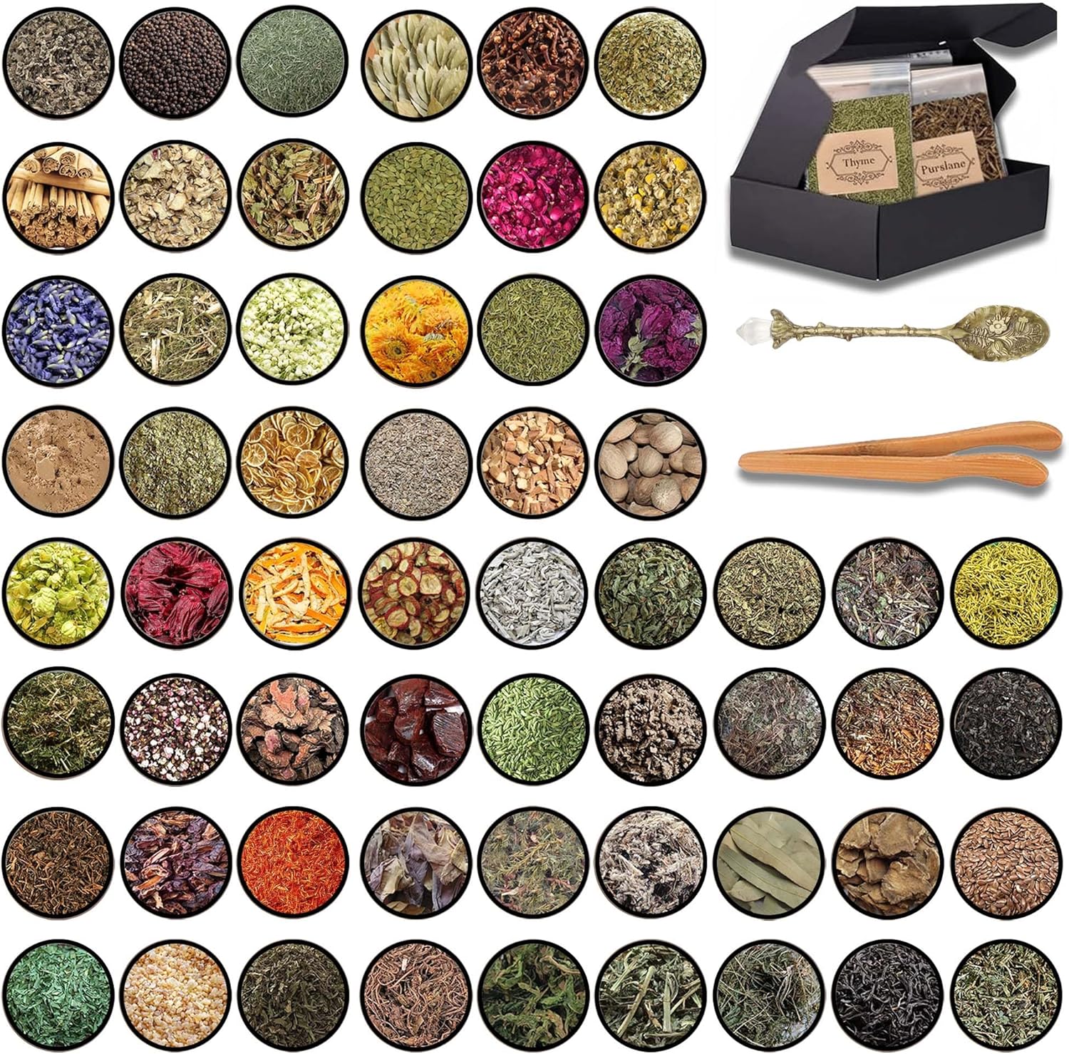 Kit di 60 Erbe per Stregoneria – Erbe Essiccate per Pratiche Esoteriche, Accessori e Strumenti Wicca, Kit Erboristico per Altare, Decorazioni Pagane, Kit di Inizio per Erboristeria