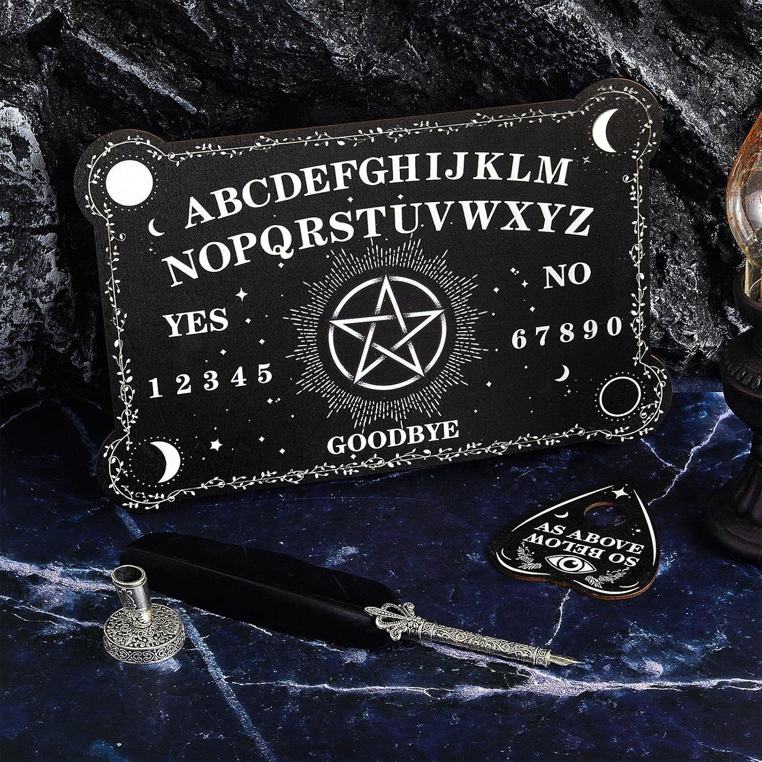 Threan Tavola divinatoria con pendolo con set di ametista, tavola parlante in legno con messaggio metafisico, collana con pendolo di cristallo con planchette per commerci Wiccan (motivo stella)