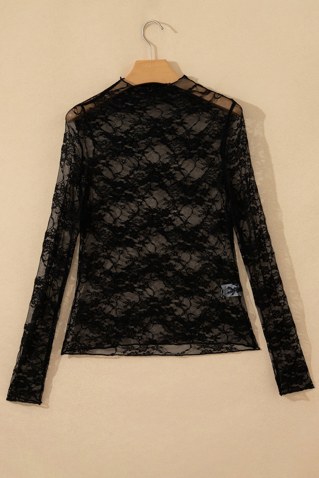 Black Sheer Floral Lace Lettuce Trim Mock Neck Long Sleeve Top