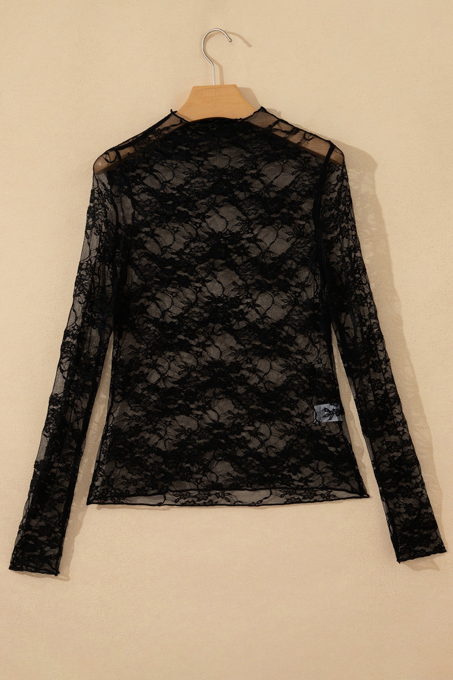 Black Sheer Floral Lace Lettuce Trim Mock Neck Long Sleeve Top