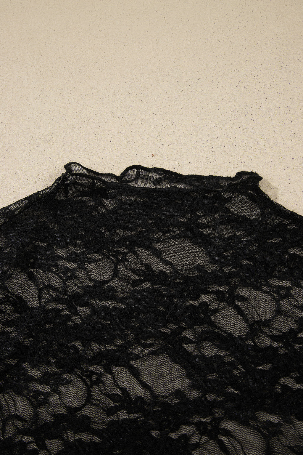 Black Sheer Floral Lace Lettuce Trim Mock Neck Long Sleeve Top