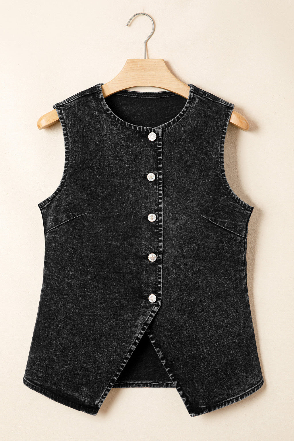 Black Buttoned Front Slit Denim Vest