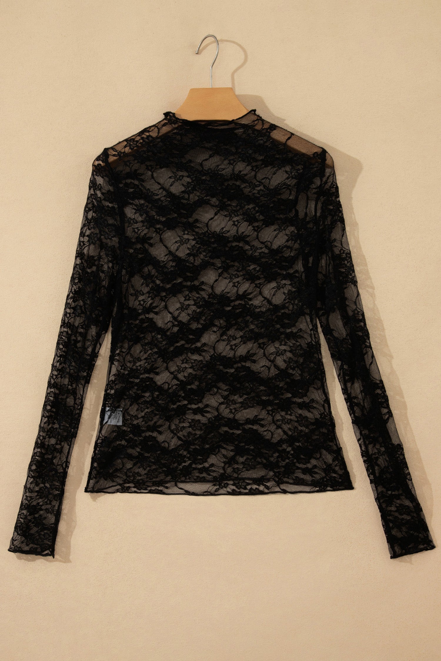 Black Sheer Floral Lace Lettuce Trim Mock Neck Long Sleeve Top