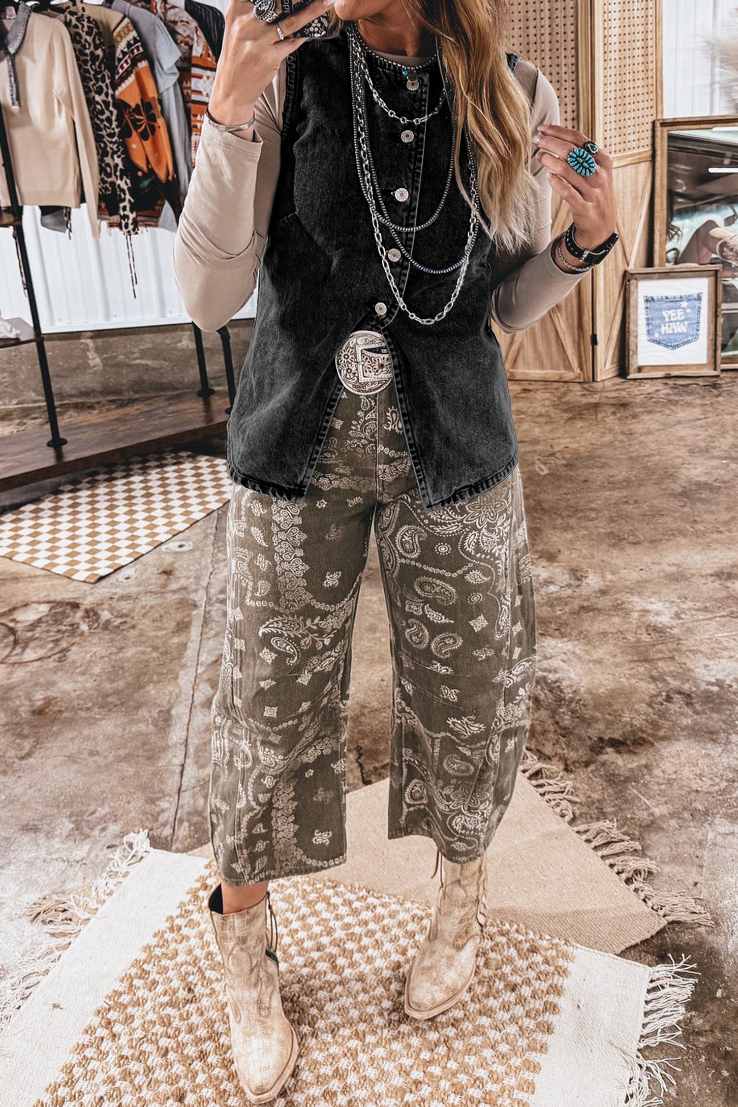 Black Buttoned Front Slit Denim Vest