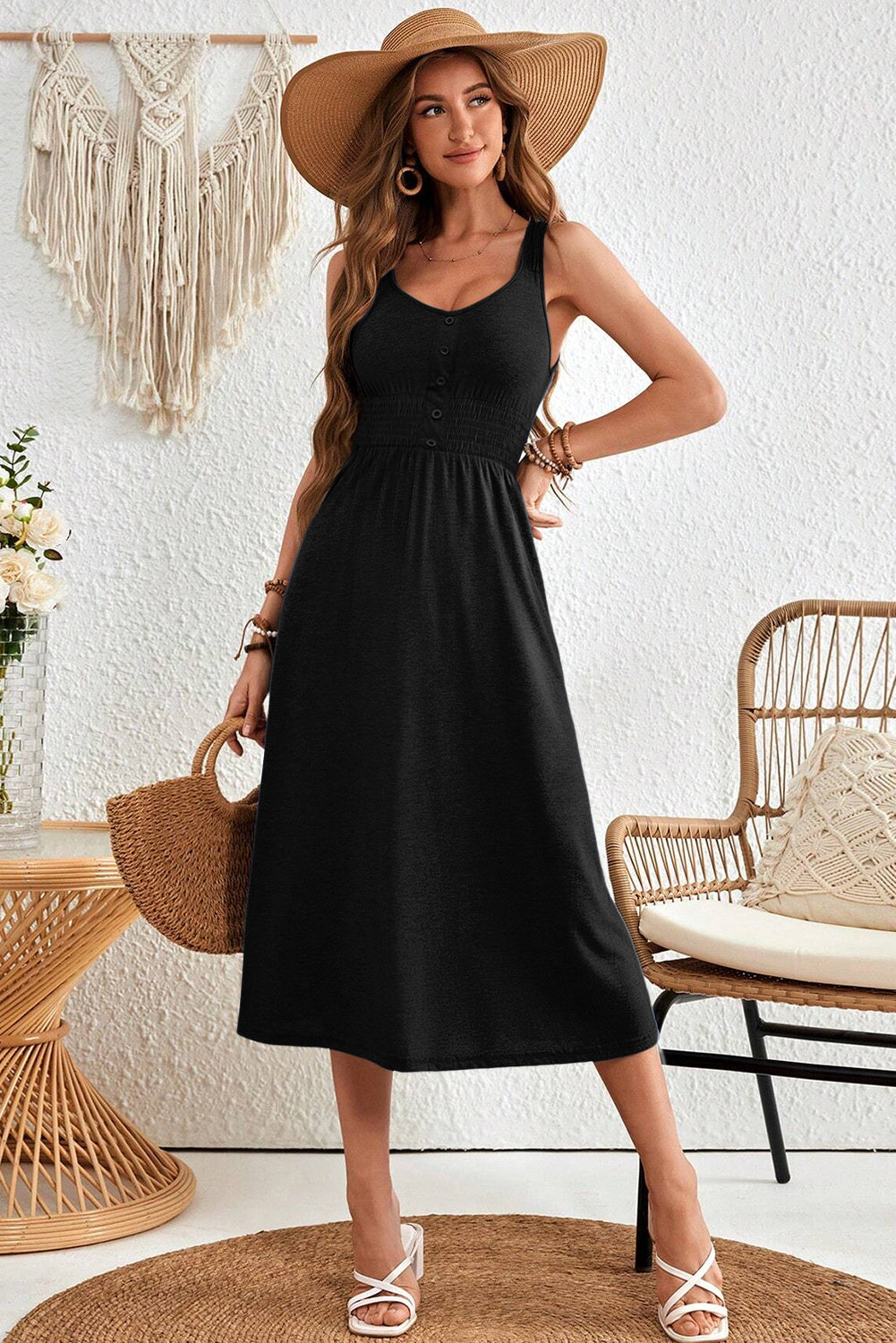 Black Button Shirred High Waist Sleeveless Midi Dress