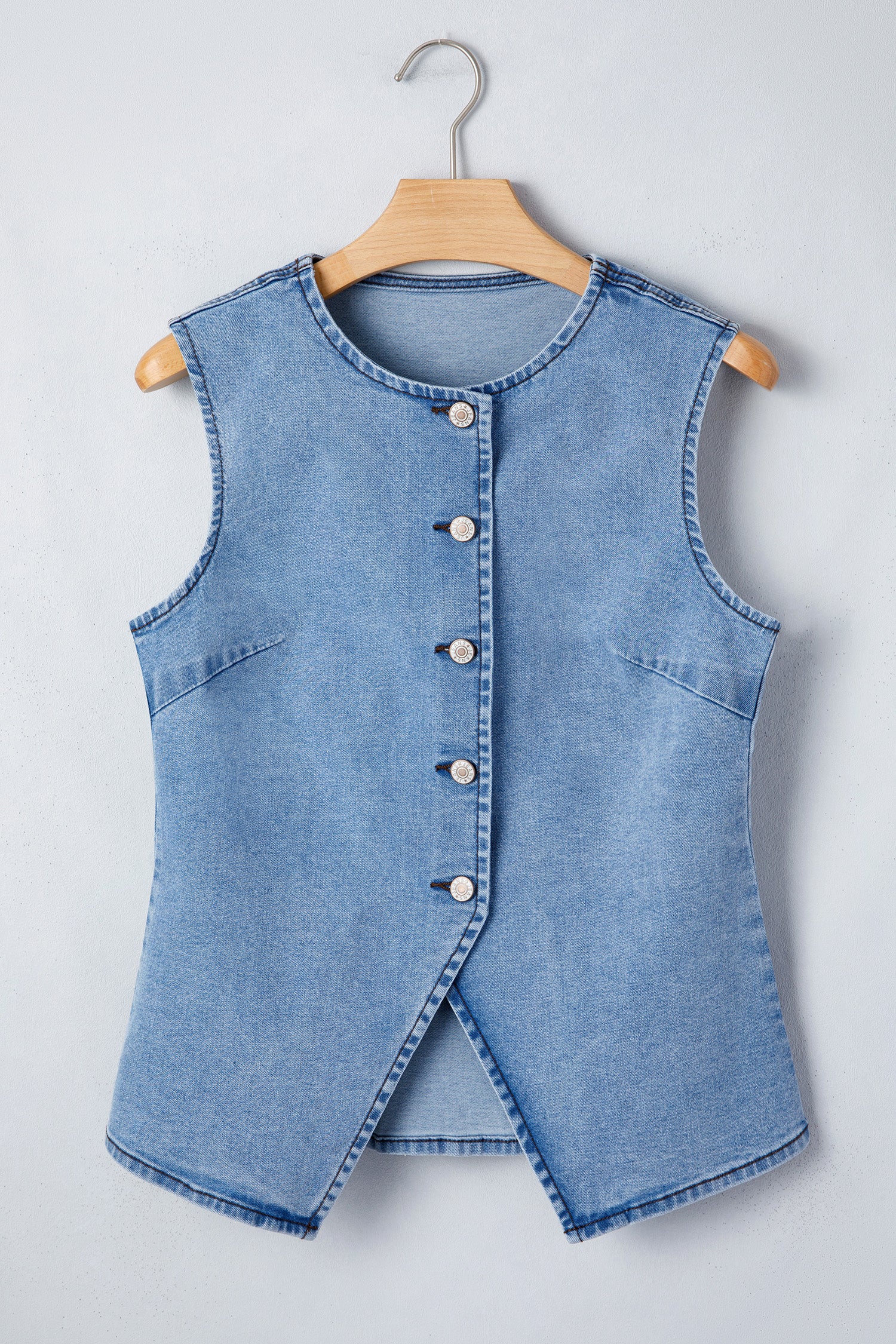 Black Buttoned Front Slit Denim Vest