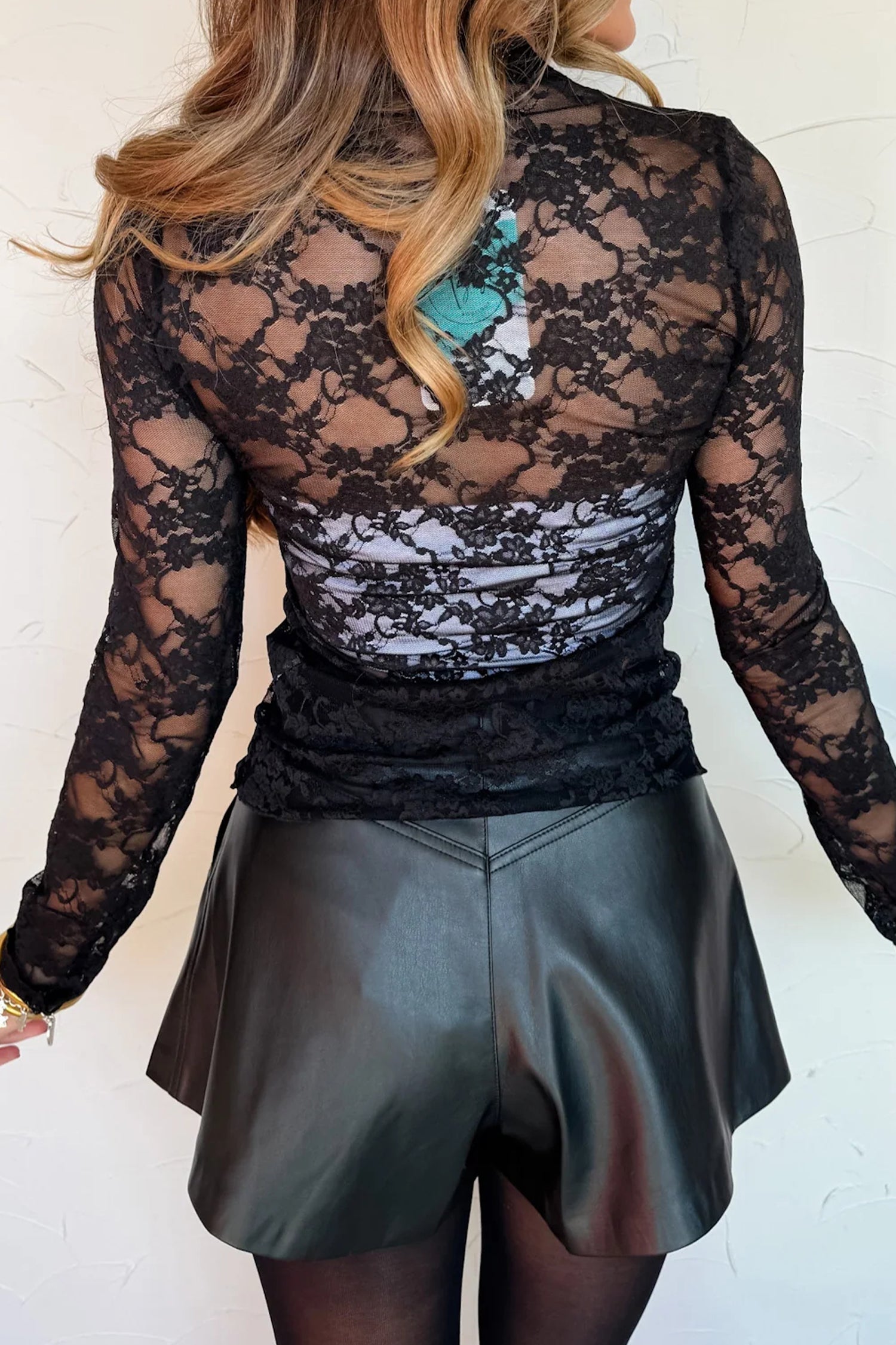Black Sheer Floral Lace Lettuce Trim Mock Neck Long Sleeve Top
