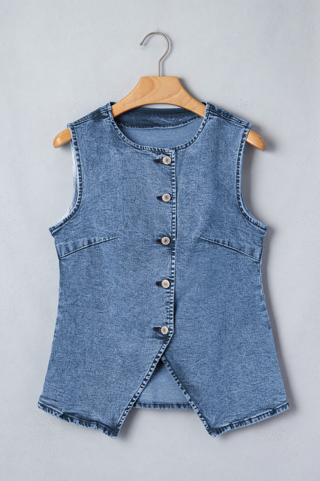 Black Buttoned Front Slit Denim Vest