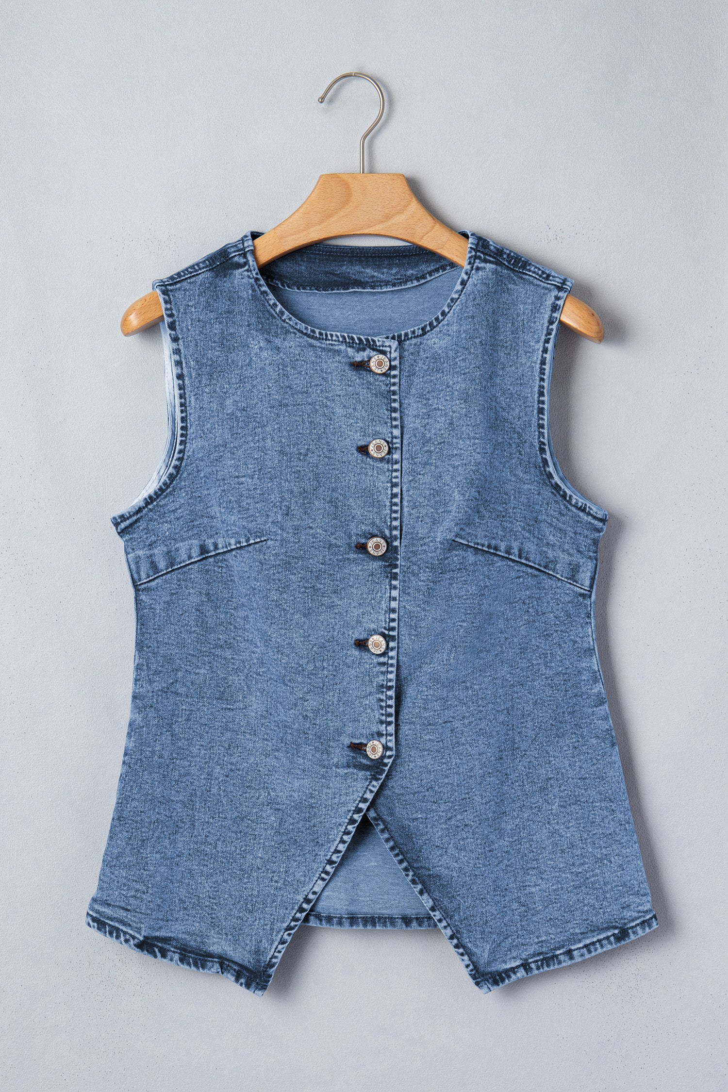 Black Buttoned Front Slit Denim Vest