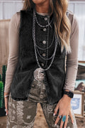 Black Buttoned Front Slit Denim Vest