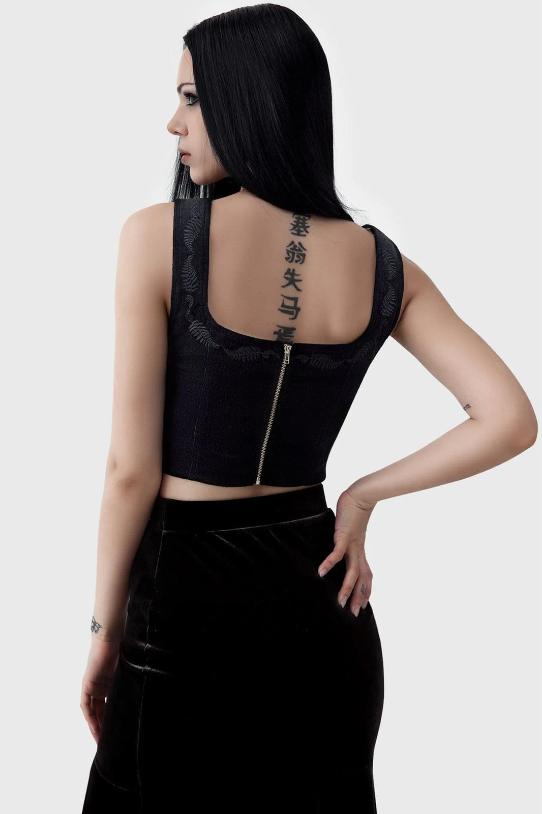 Corsetto Top KILLSTAR Perseis – Cotone Gotico con Ricami e Zip Dorata