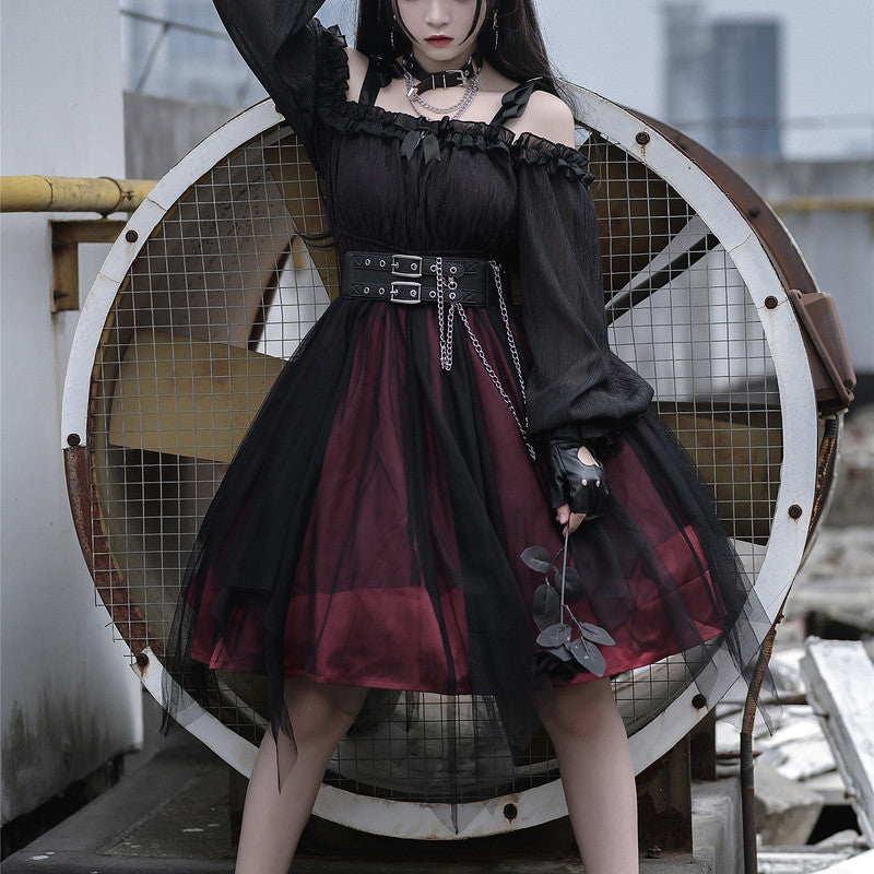 Abito gotico Lady Lolita maglia con volant manica a sbuffo steampunk cosplay irregolare
